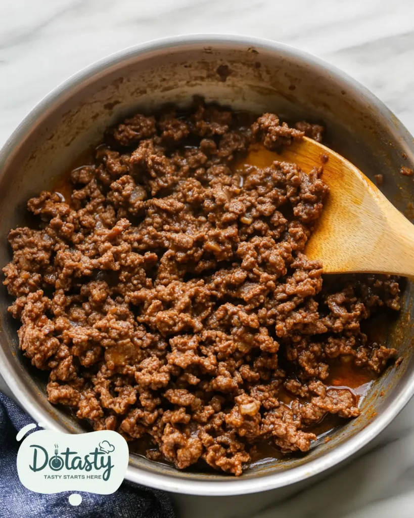 Ground beef cooked and seasoned in a skillet for filling.