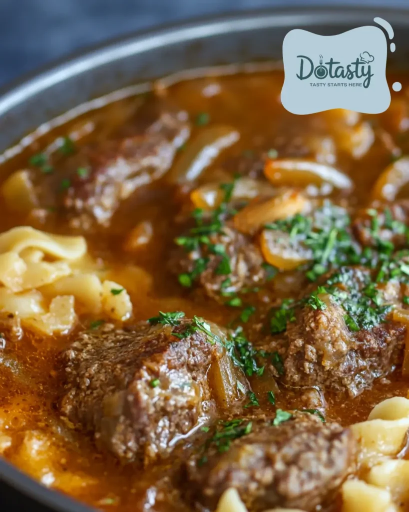 Hearty Amish hamburger steak bake in casserole dish, golden and bubbling