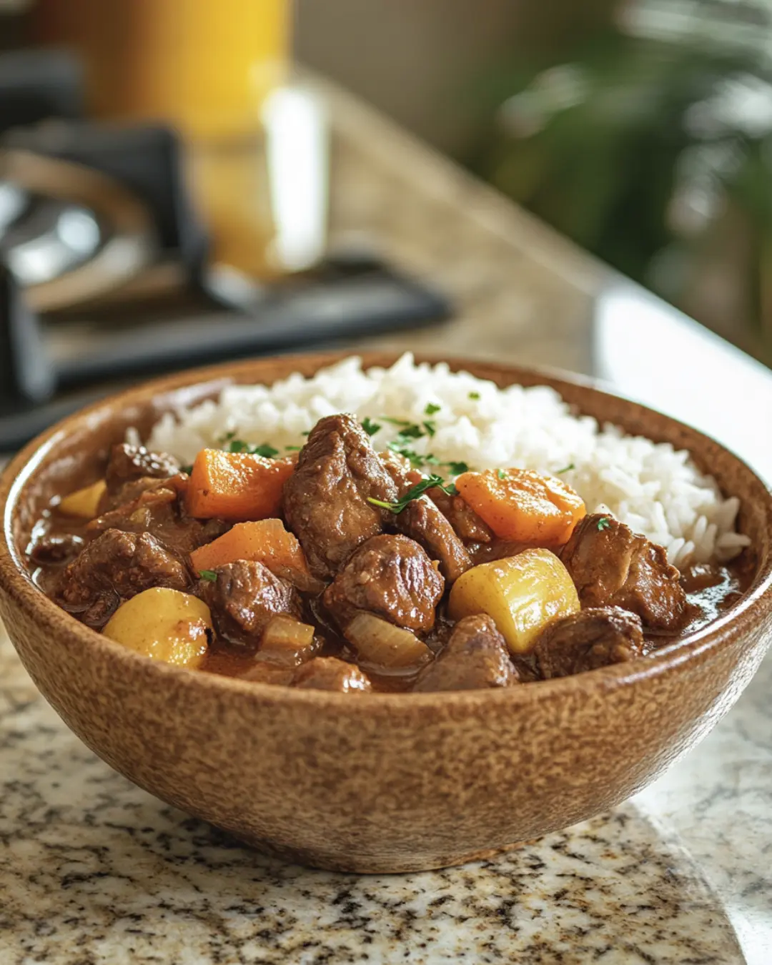 Hearty Puerto Rican beef stew in a rustic bowl with rice