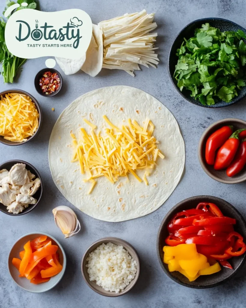 Ingredients for cheesy garlic chicken wraps arranged neatly