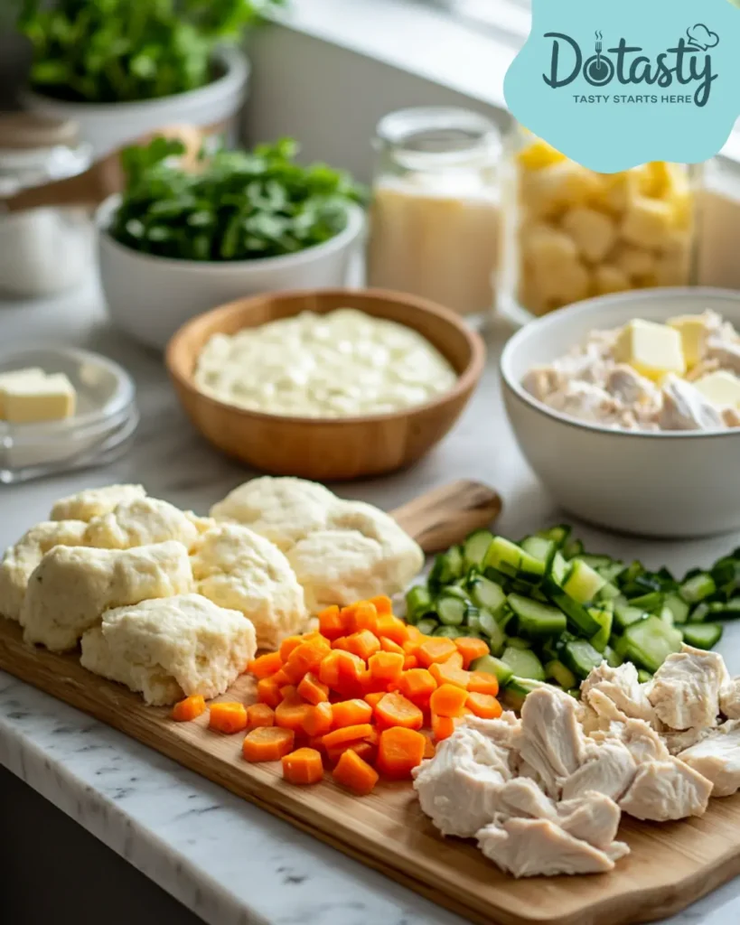 Ingredients for chicken and dumpling casserole prepped on countertop