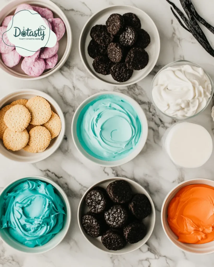 Ingredients for cookie monster ice cream laid out on a countertop.