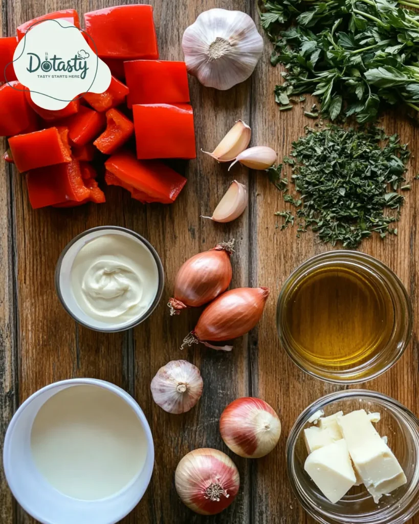 Ingredients for roasted red pepper gouda soup arranged on a wooden cutting board.