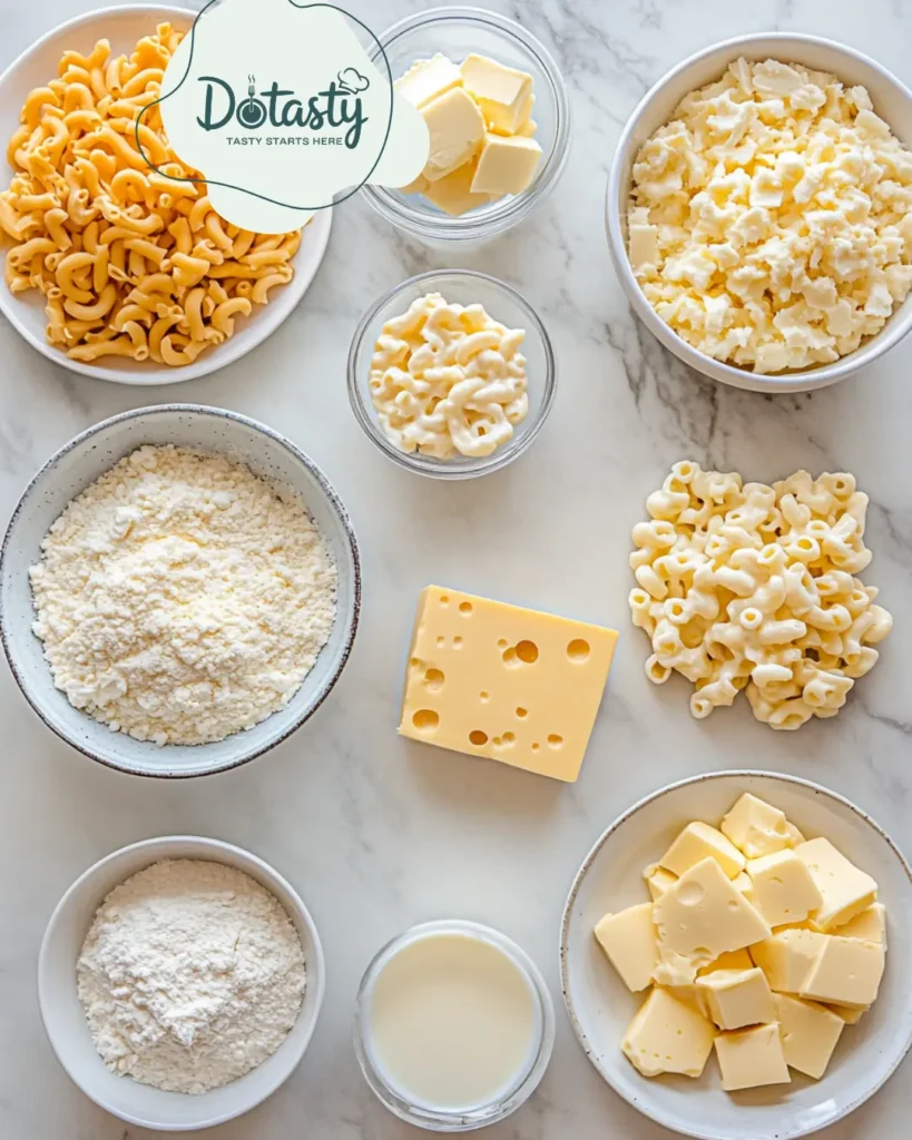 Ingredients laid out for homemade mac and cheese bowl