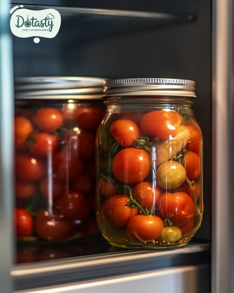 Jar of pickled tomatoes stored in fridge with date label.