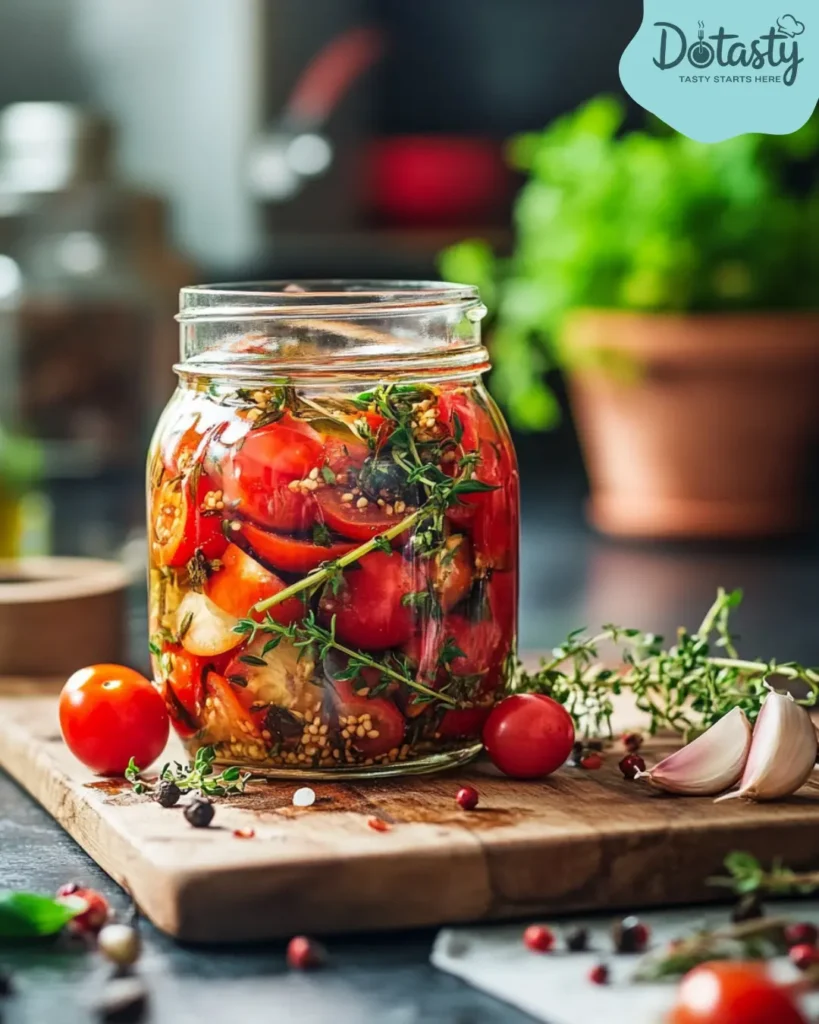Jar of pickled tomatoes with garlic and herbs on a wooden board.