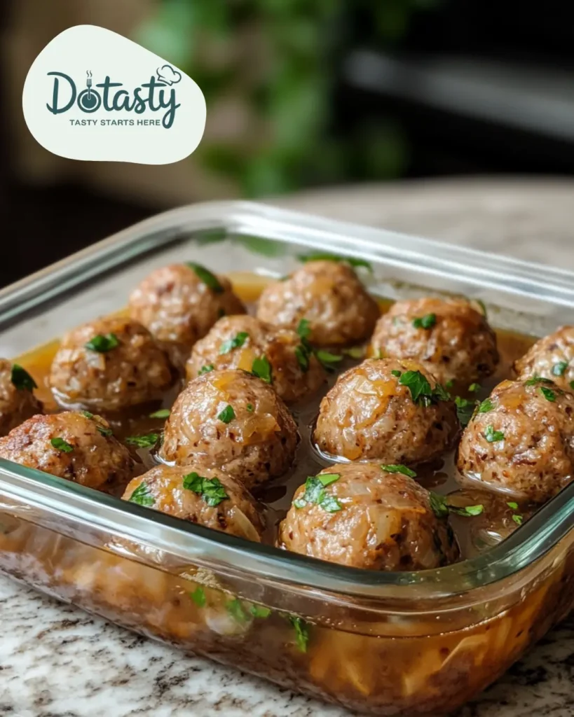 Leftover French onion meatballs stored in a glass container with broth