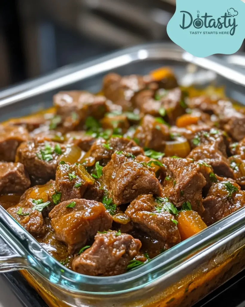 Leftover beef stew stored in glass container in fridge