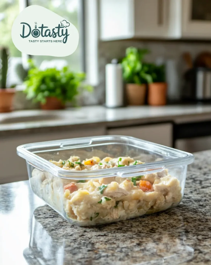 Leftover chicken and dumpling casserole in a clear storage container