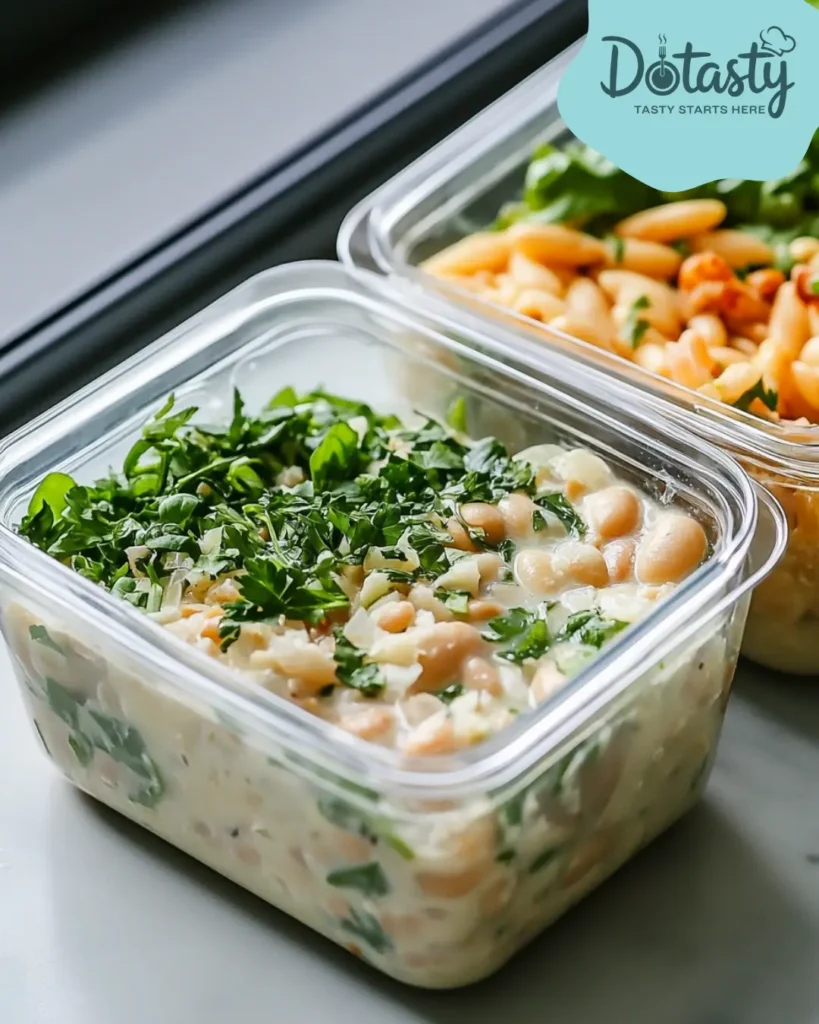 Leftover creamy white beans stored in a glass container.