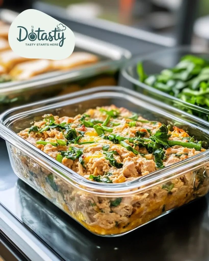 Leftover keto tuna casserole stored in a glass container in the fridge.