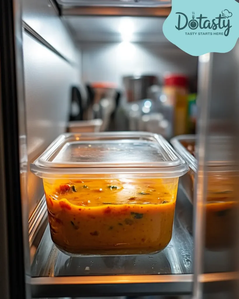 Leftover roasted red pepper gouda soup in a glass container in the fridge.