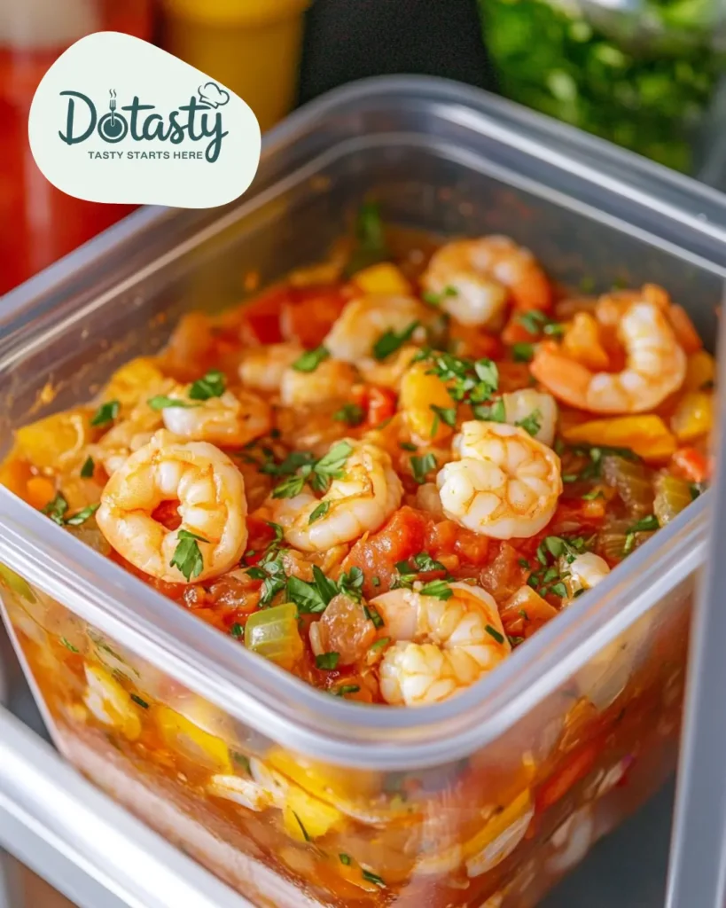 Leftover shrimp stew in a container inside fridge