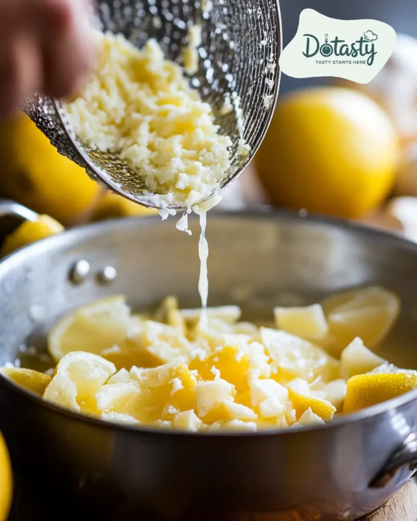 Lemon juice and zest being added to butter and garlic