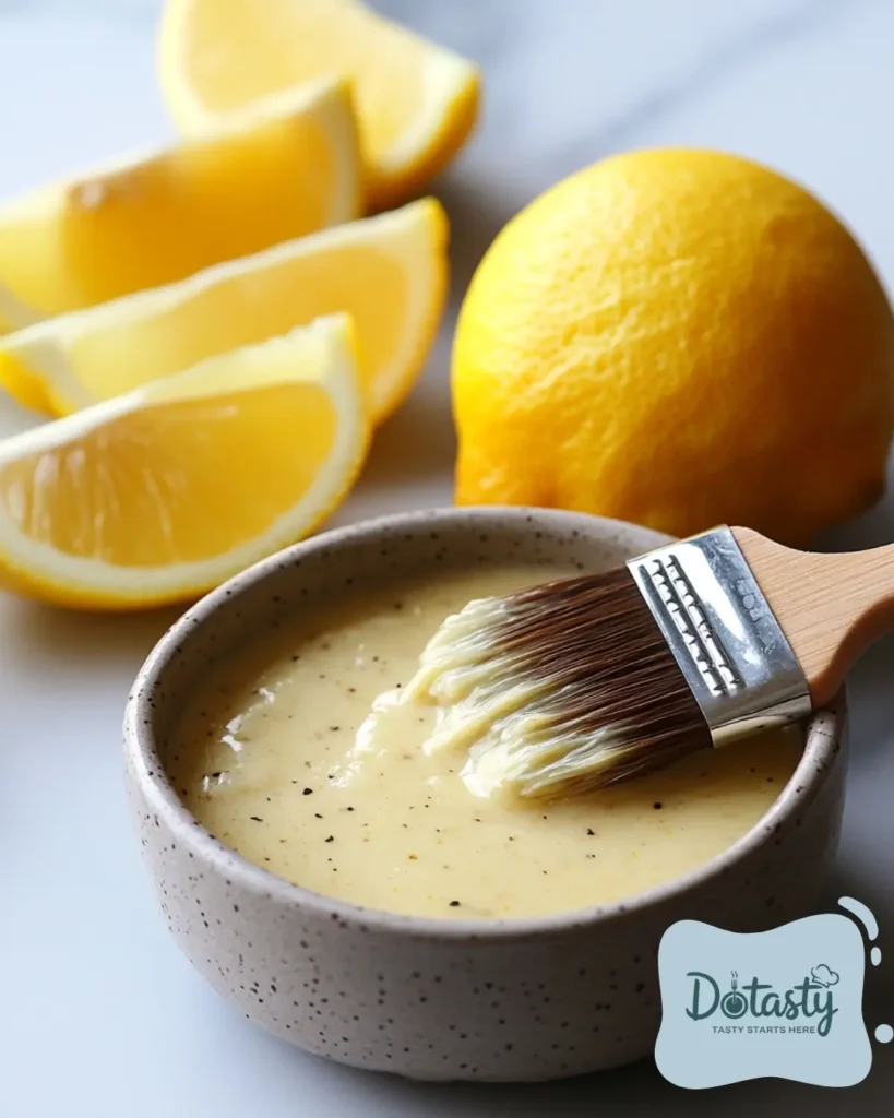 Lemon Pepper Sauce Recipe in a small bowl with a brush and lemon wedges