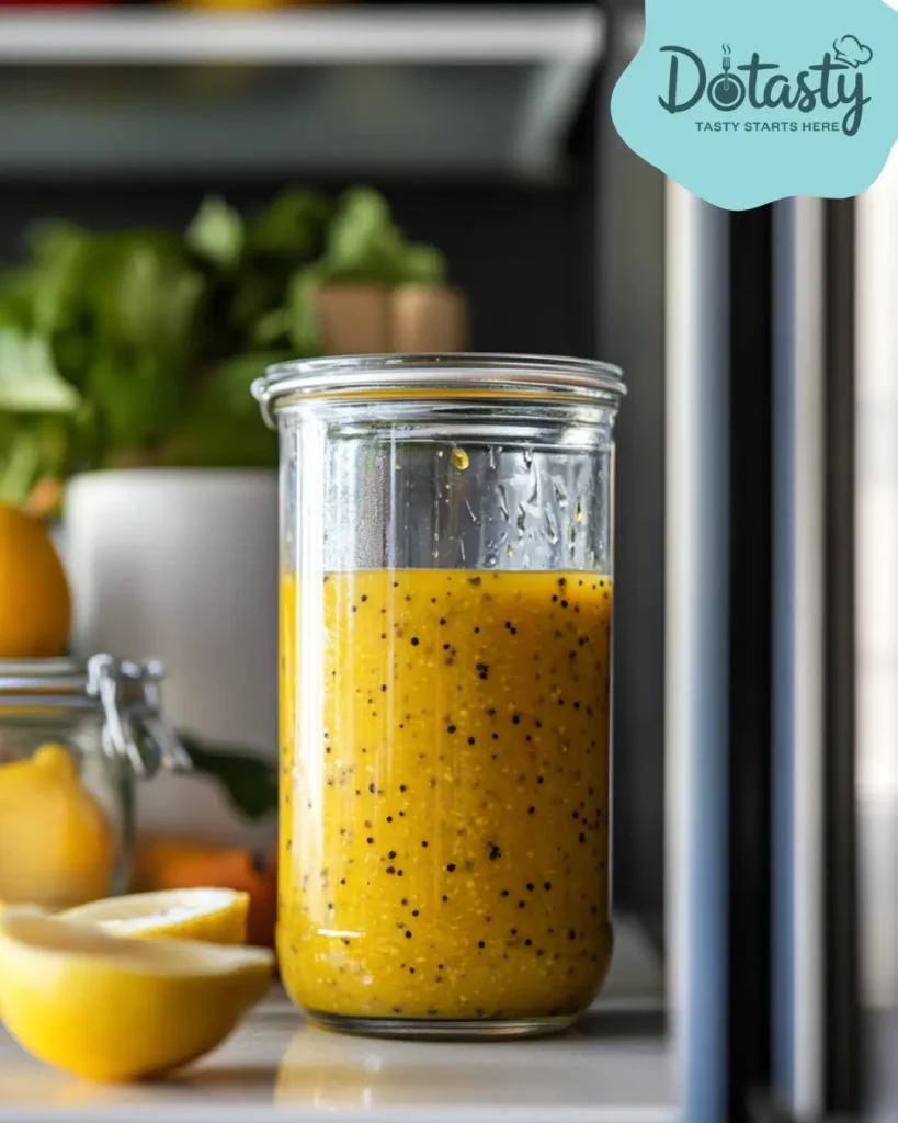 Lemon pepper sauce stored in glass container in fridge