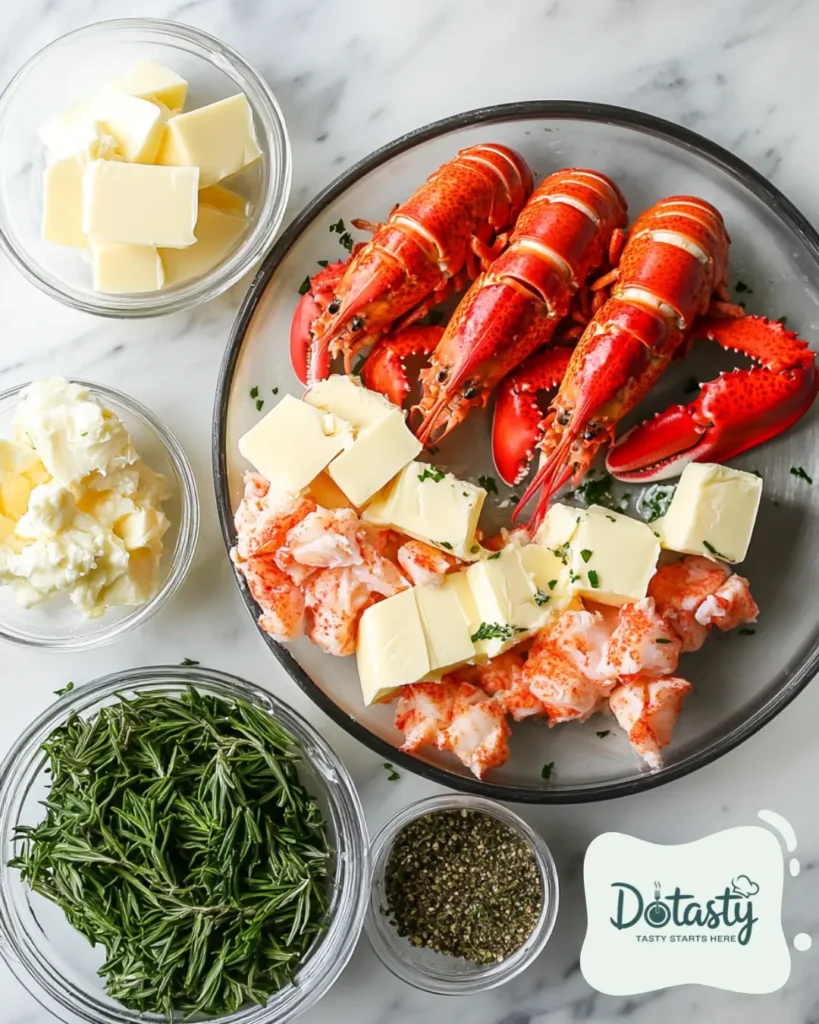 Lobster meat, cheese blocks, butter, bread, seasoning, herbs