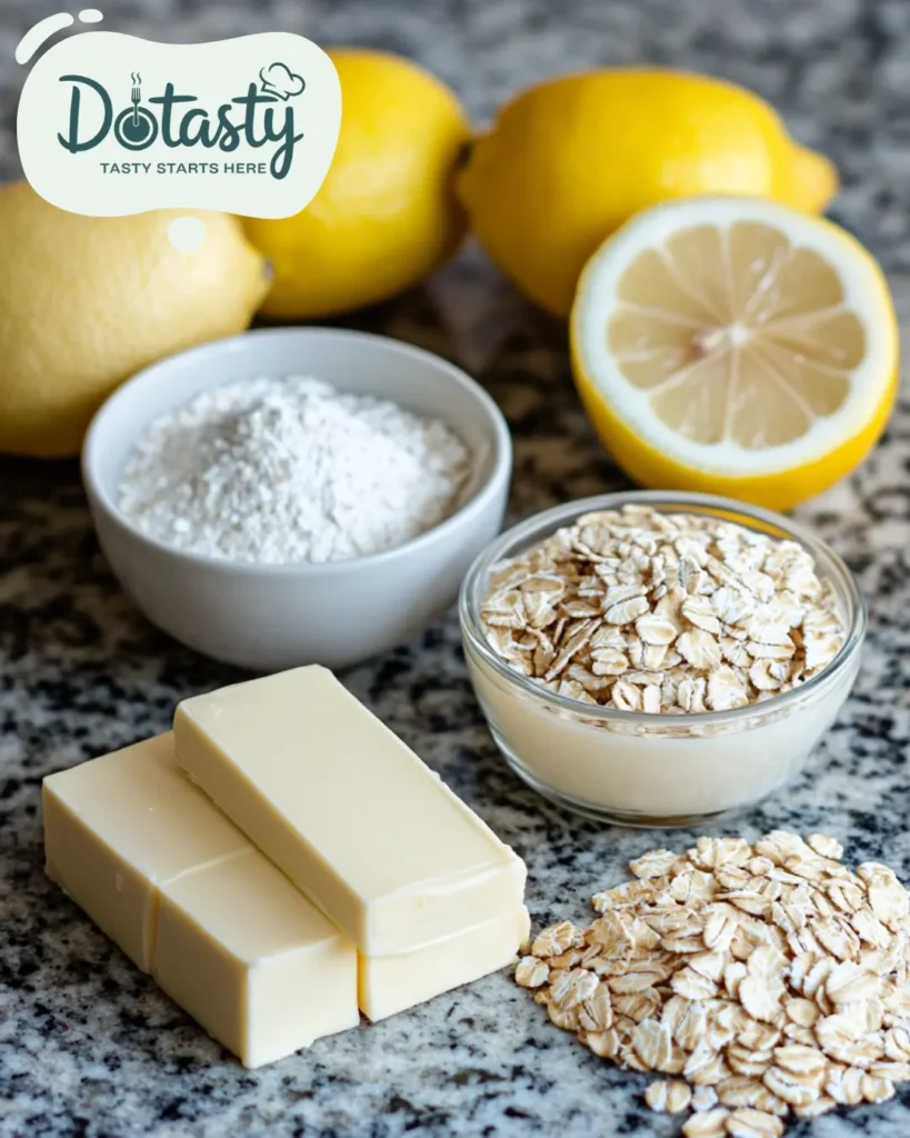 Measured ingredients for lemon oatmeal no bake cookies on a counter