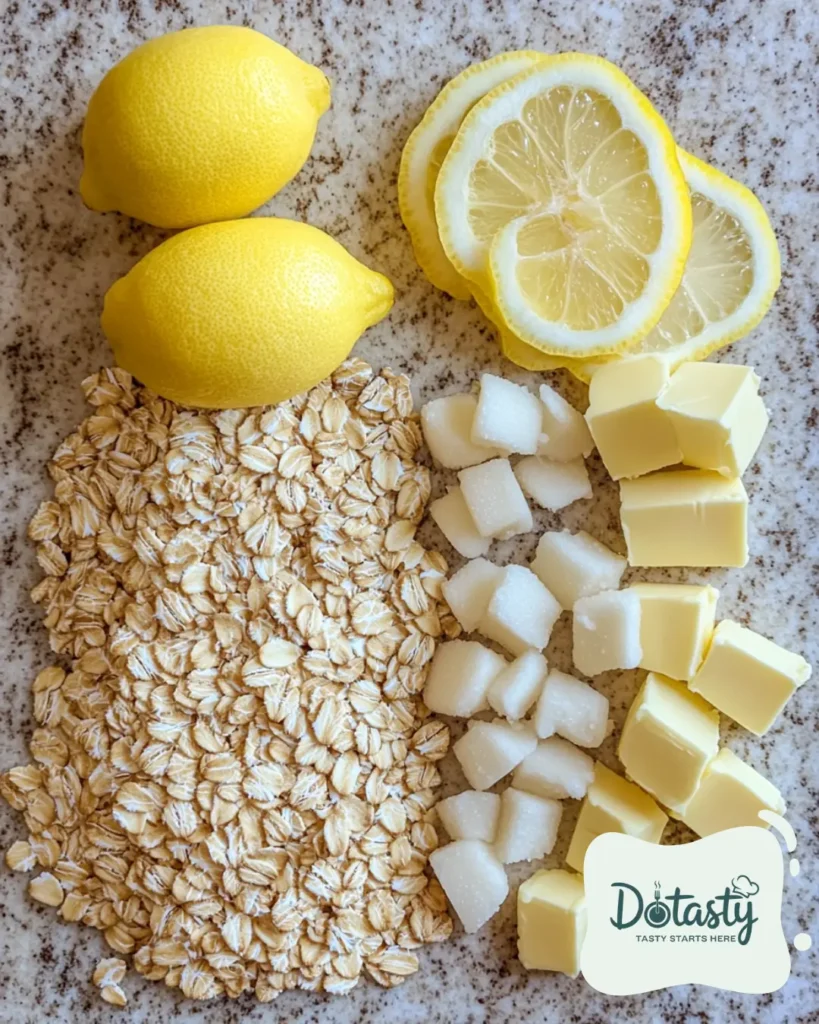 Measured oats, lemon zest, butter, and sugar laid out on a kitchen counter
