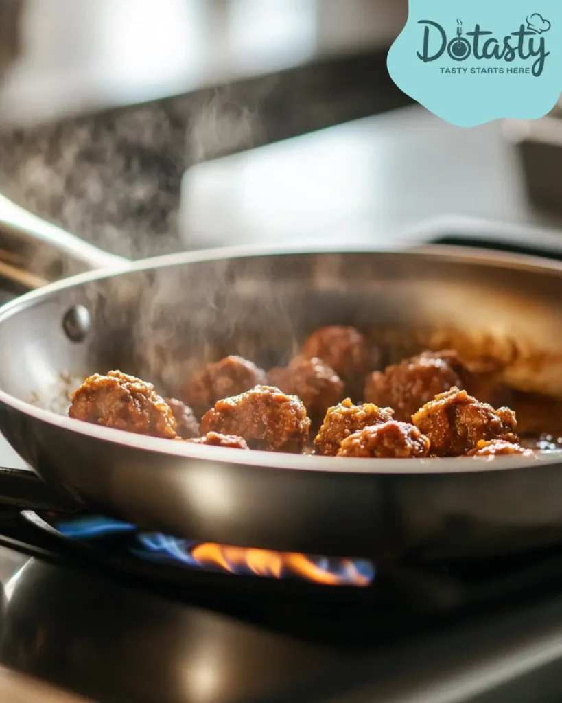 Meatballs browning in a skillet on the stove