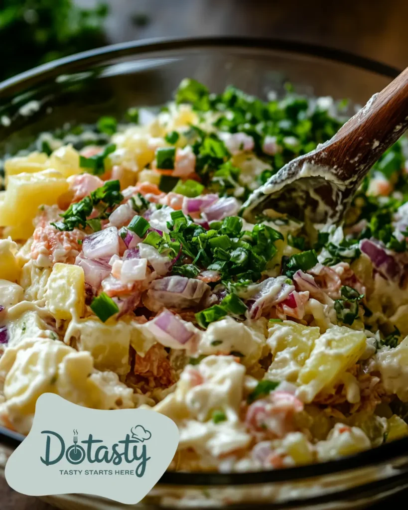 Mixing Dominican potato salad ingredients in a large bowl