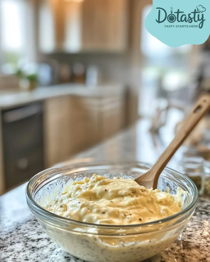 Mixing creamy sauce for keto tuna casserole in a bowl.