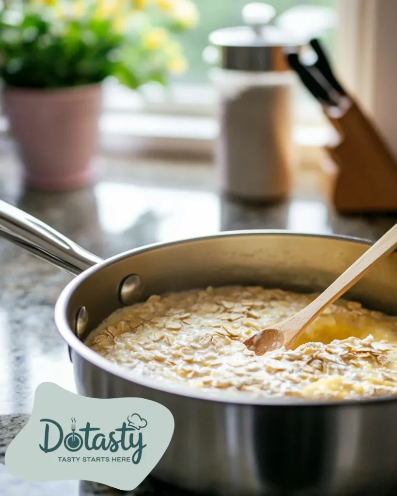 Oats being stirred into hot lemon mixture in a saucepan
