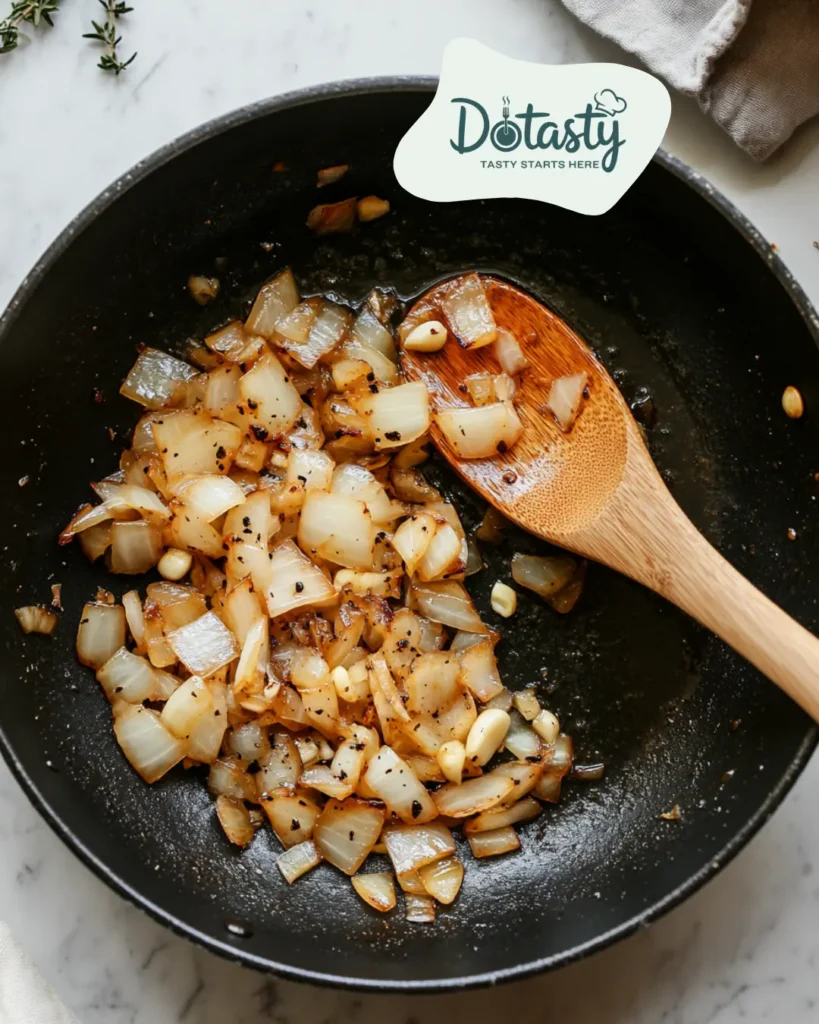 Onions and garlic cooking in olive oil in a skillet.