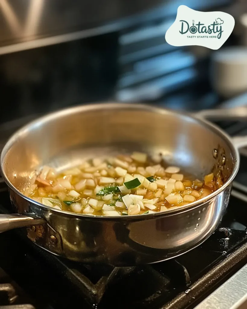 Onions and garlic sautéing in a pot.