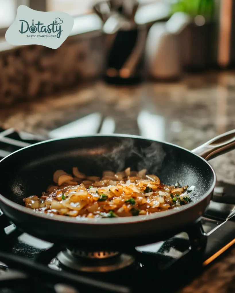 Onions cooking slowly in a skillet with butter