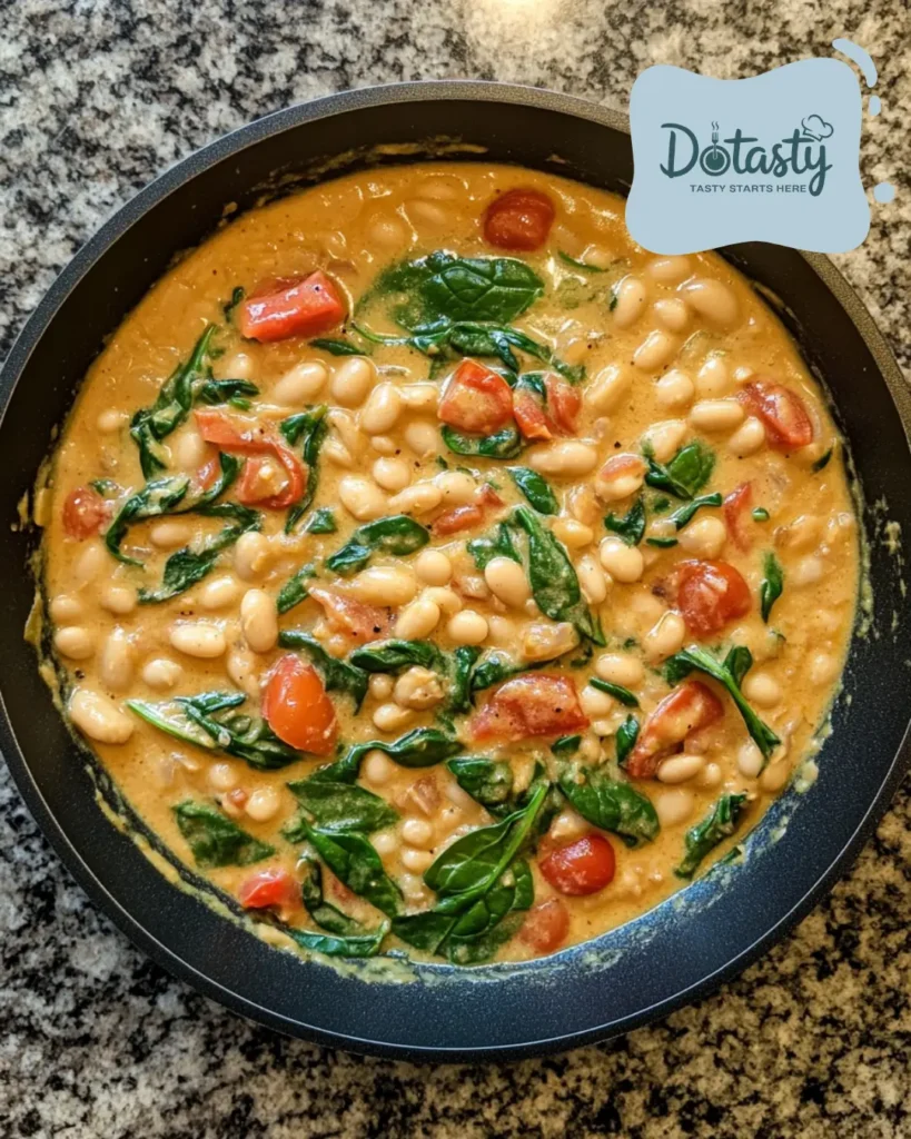 Overhead shot of creamy white beans in a skillet with spinach and tomatoes.