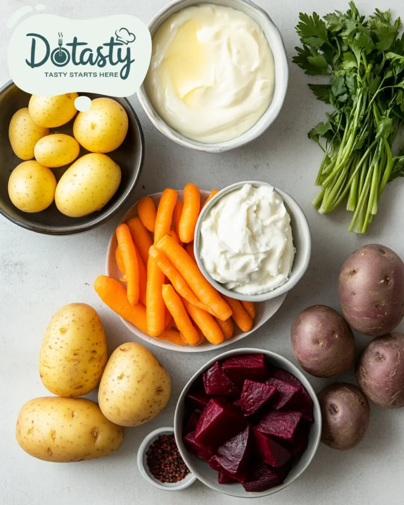 Overhead shot of potatoes, beets, carrots, eggs, and mayo for Dominican potato salad