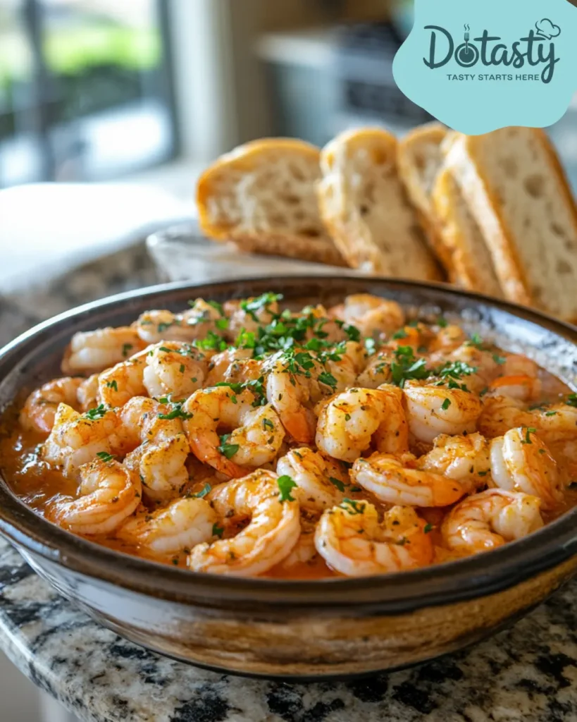 Overhead view of finished shrimp stew in a rustic bowl