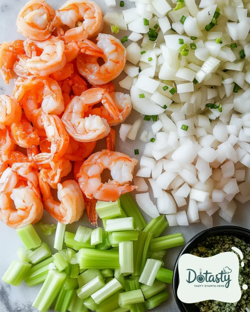 Peeled shrimp, diced onions, garlic, and celery on a cutting board