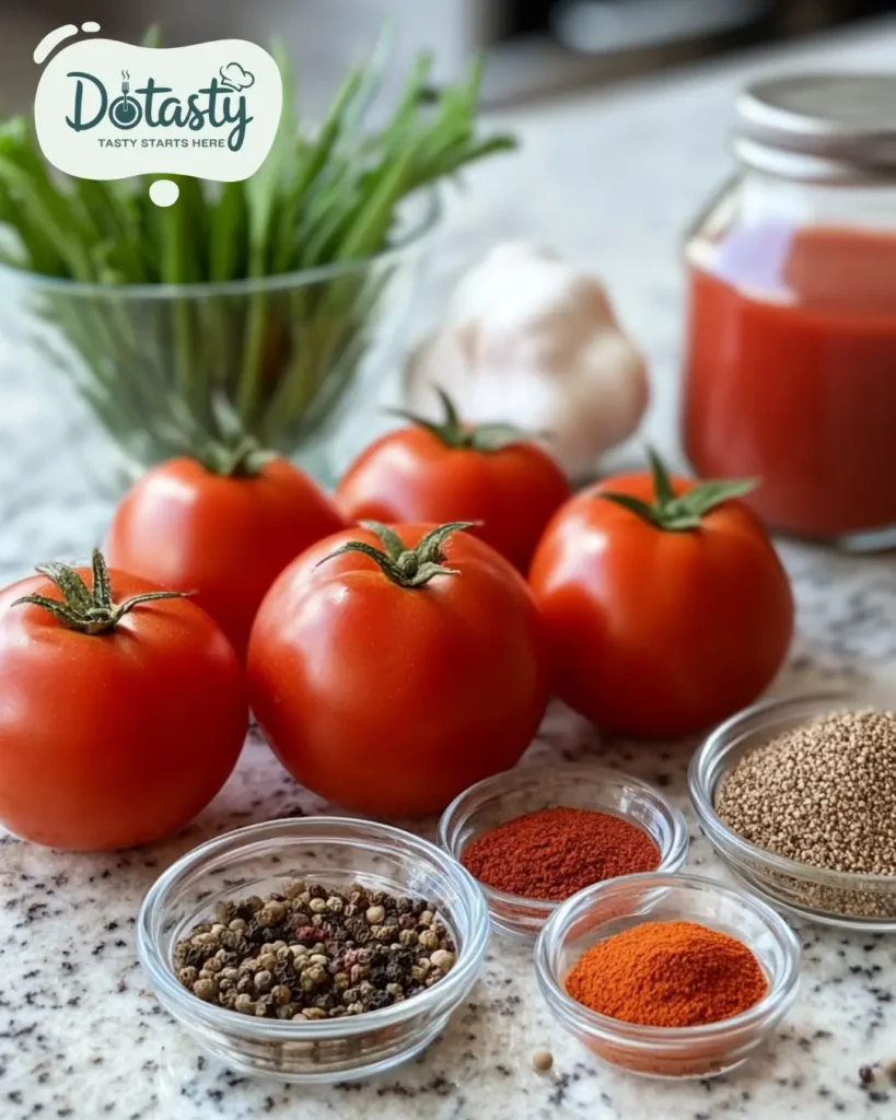 Pickled tomato ingredients including tomatoes, vinegar, garlic, and spices.