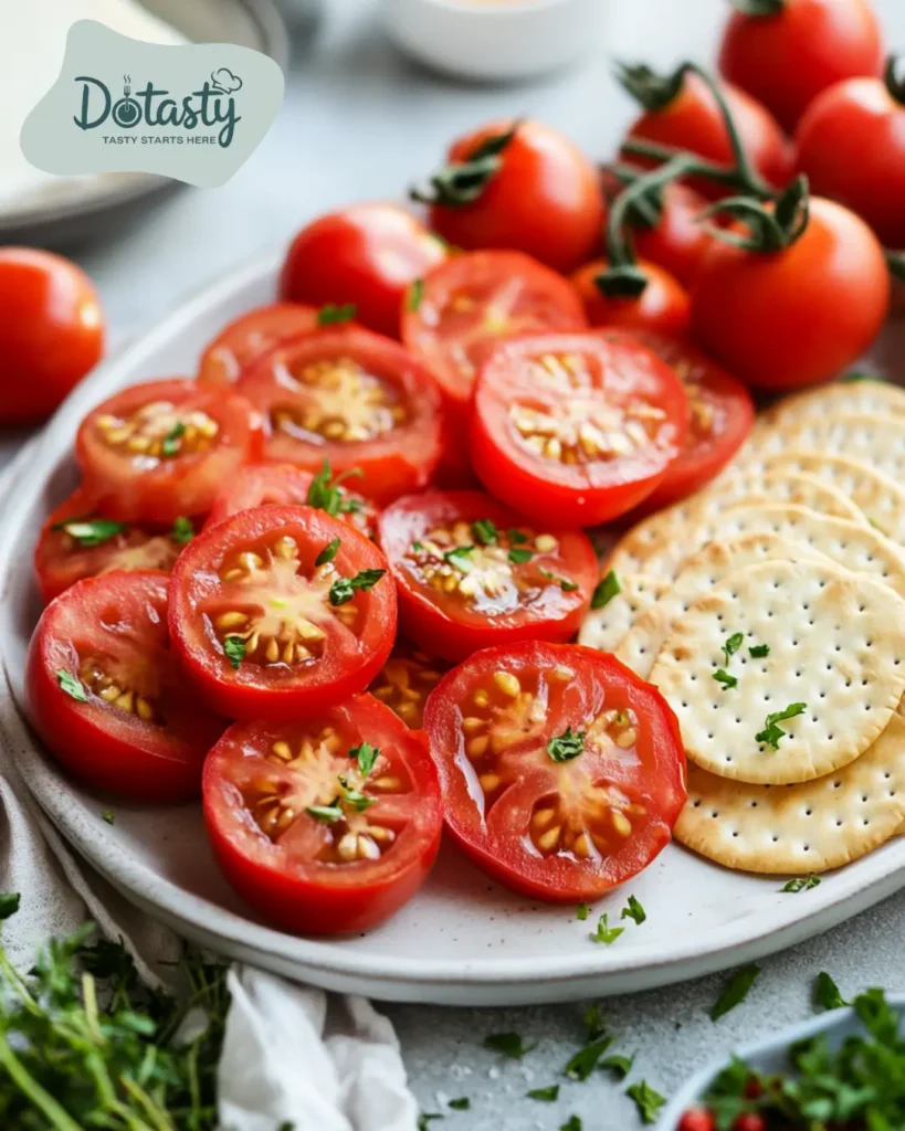 Pickled tomatoes on a platter with cheese and crackers.