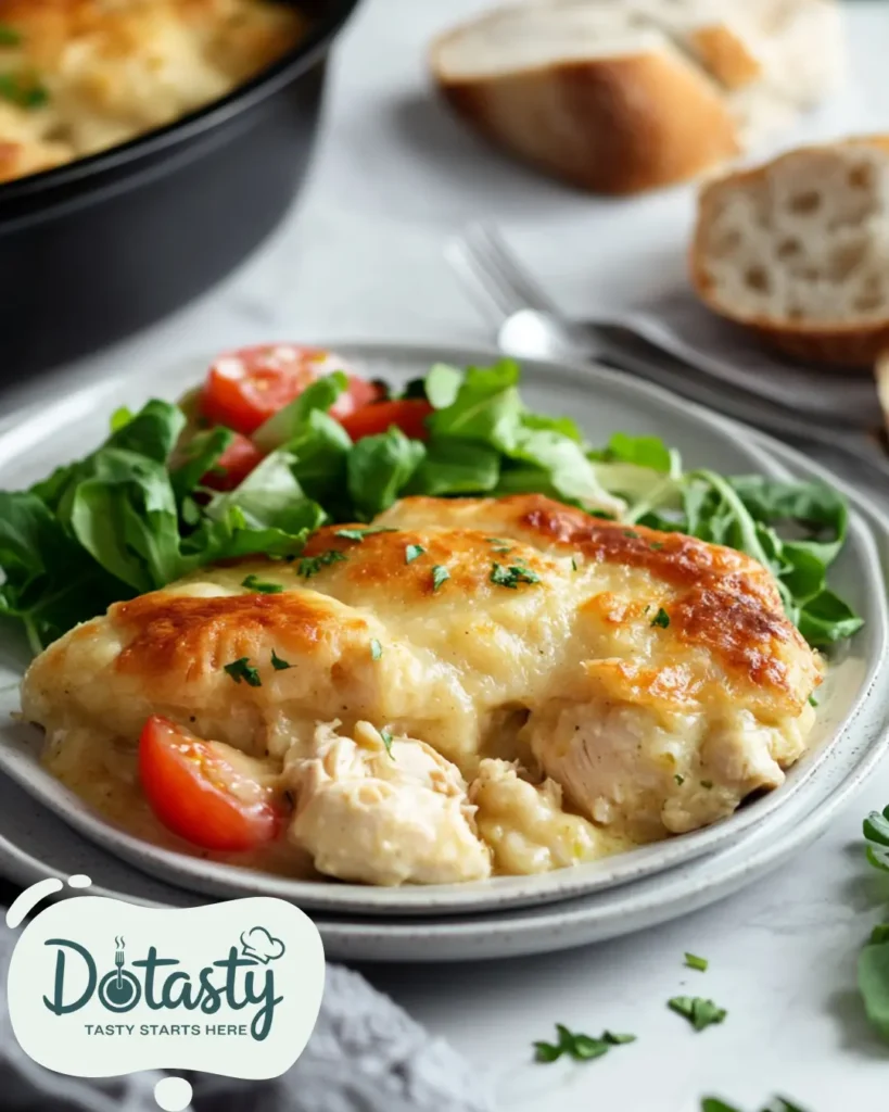 Plate of chicken and dumpling casserole with salad and bread on the side