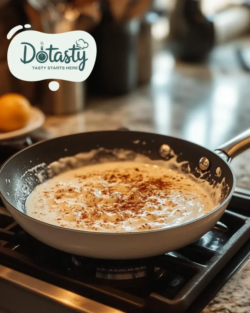 Pouring cream into skillet with seasonings