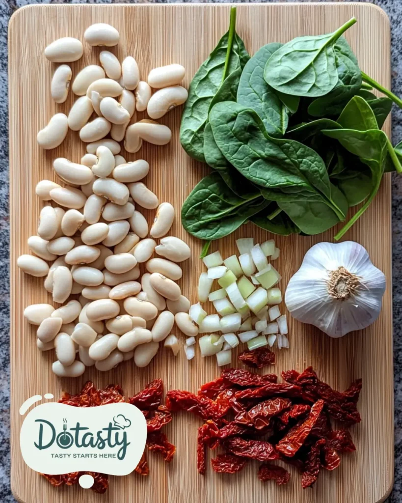 Prepped garlic, beans, spinach, and chopped tomatoes on a cutting board.