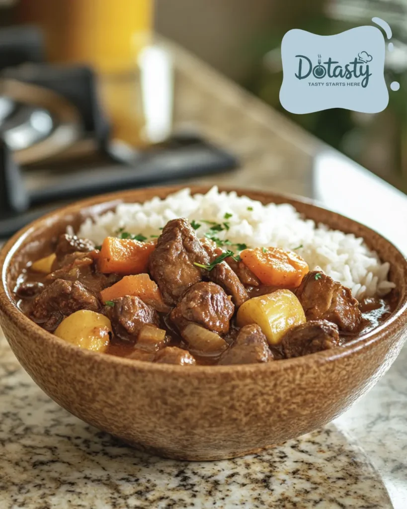 Hearty Puerto Rican beef stew in a rustic bowl with rice