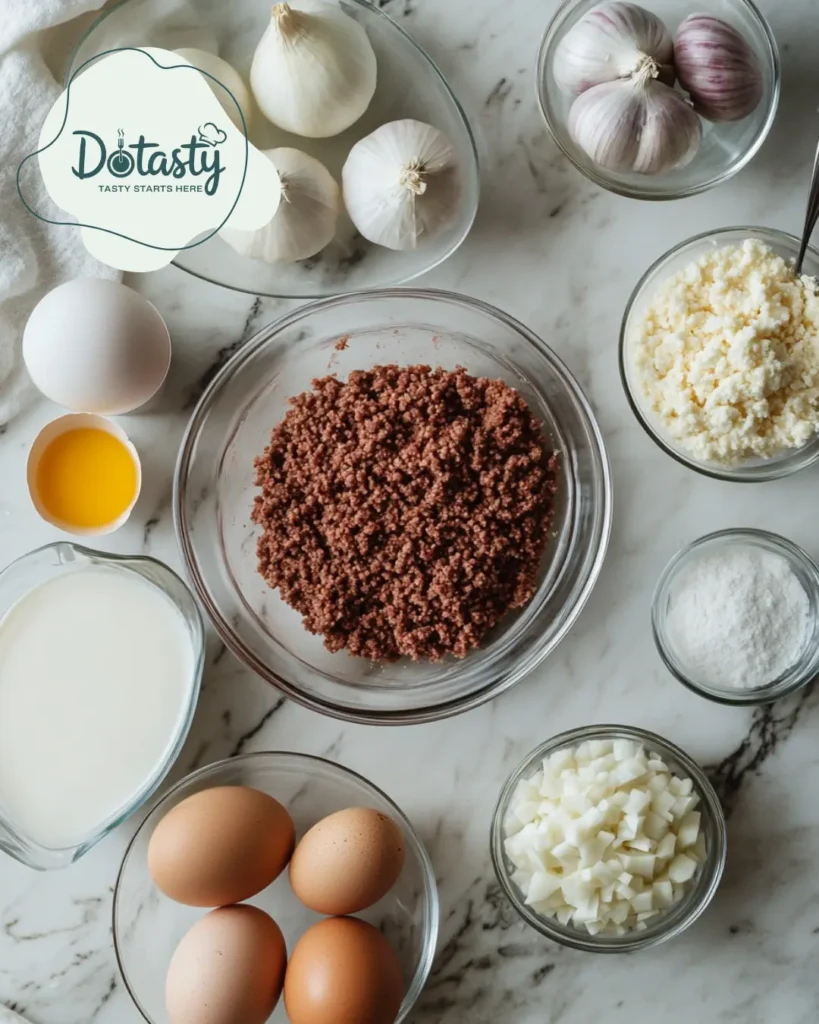 Raw ingredients for Amish hamburger steak bake arranged neatly on countertop