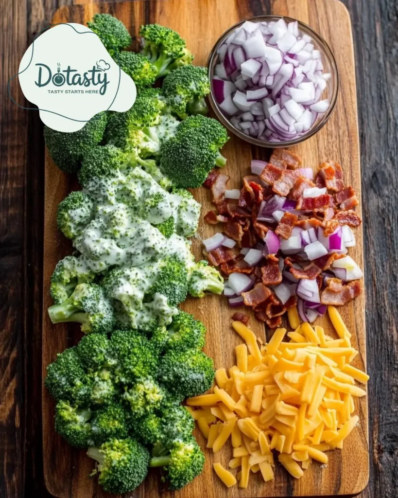 Raw ingredients for broccoli salad on a wooden board: broccoli, bacon, onion, cheese, and dressing.