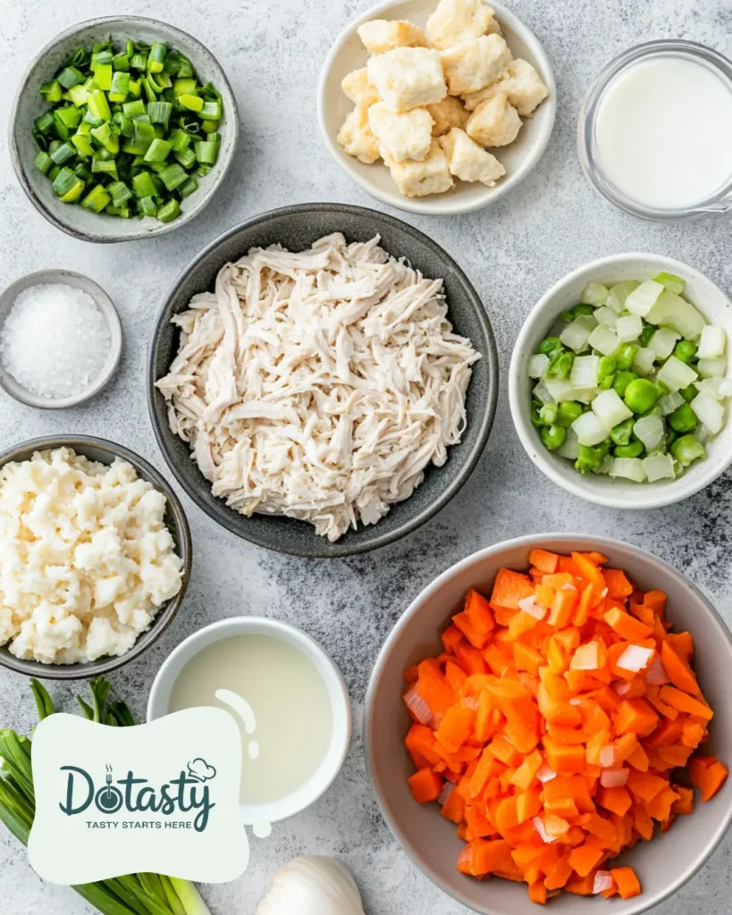 Raw ingredients for chicken and dumpling casserole laid out on wooden counter