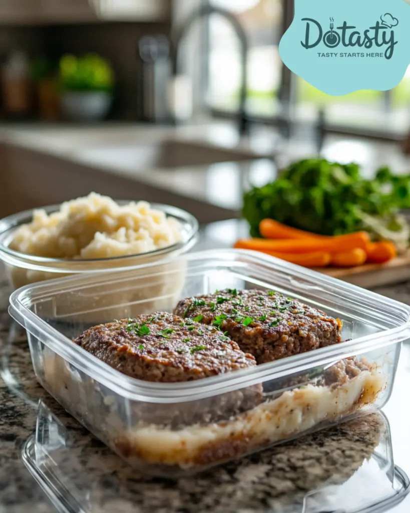Refrigerated portion of hamburger steak in meal prep container