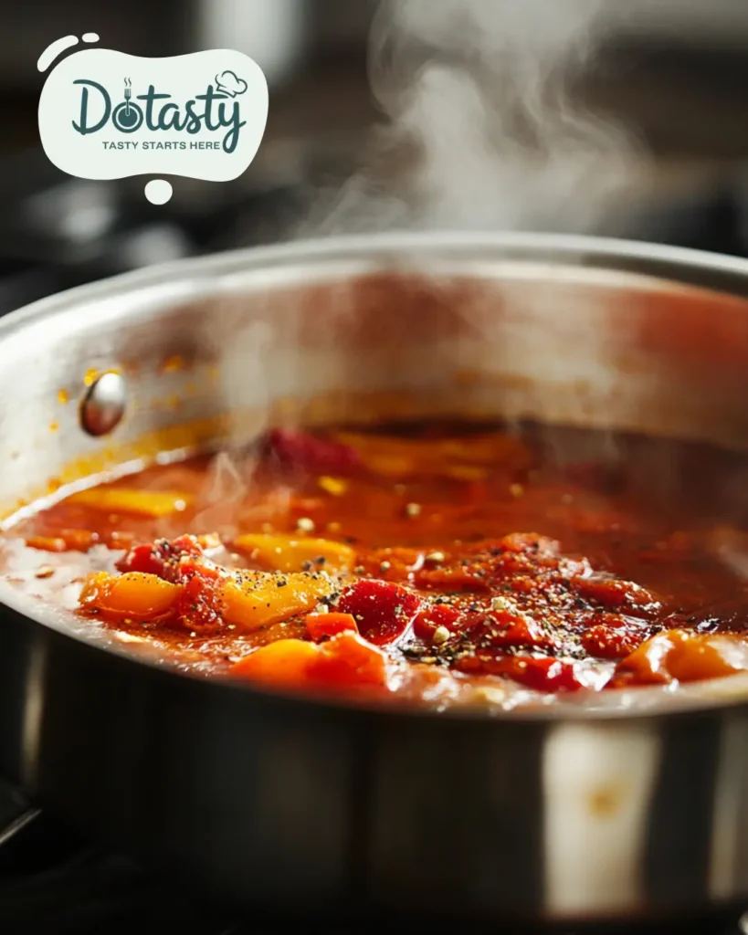 Roasted peppers and broth simmering in a pot.