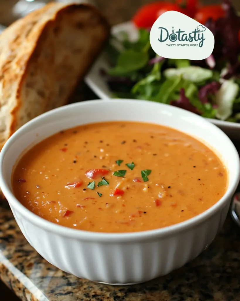 Roasted red pepper gouda soup with crusty bread and salad.