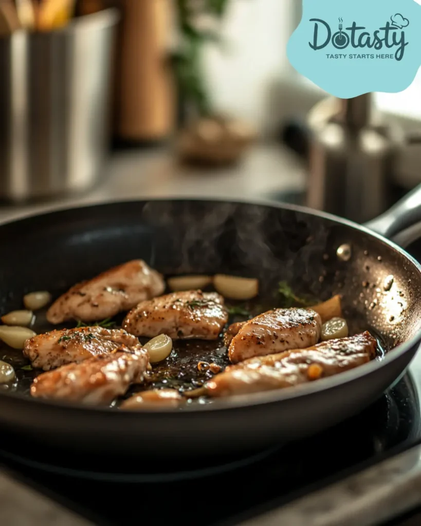 Sautéing garlic and chicken together in a skillet