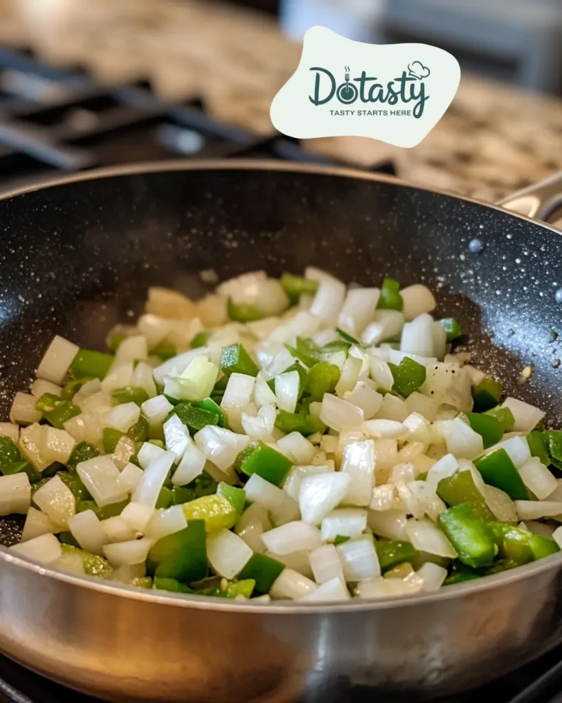 Sautéing onions, peppers, and garlic in a pot