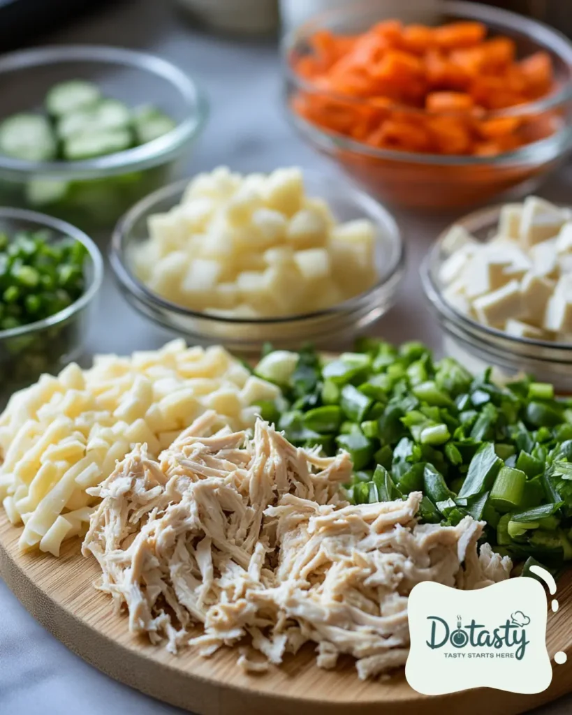 Shredded chicken, chopped garlic, and cheeses ready for wraps