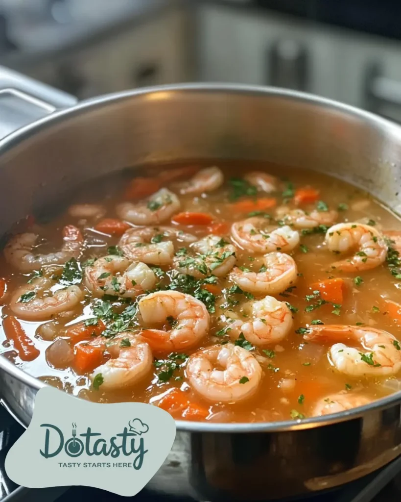 Shrimp and stock being added into the pot